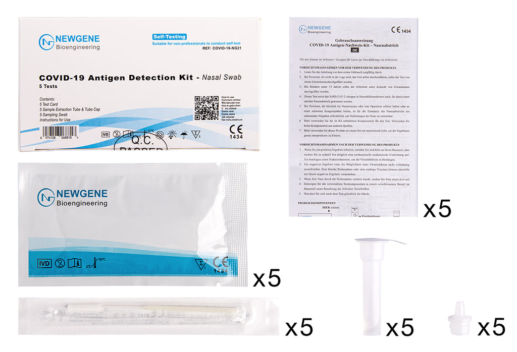 Newgene COVID-19 Antigen Selbsttest Kit - Nasal Swab - Laientest nasal (5er Box)