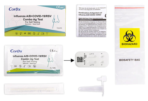 1x CorDx 4 in 1 Kombi-Test (haltbar bis: 25. Dez. 2024) RSV Viren + Corona COVID-19 + Influenza A + B