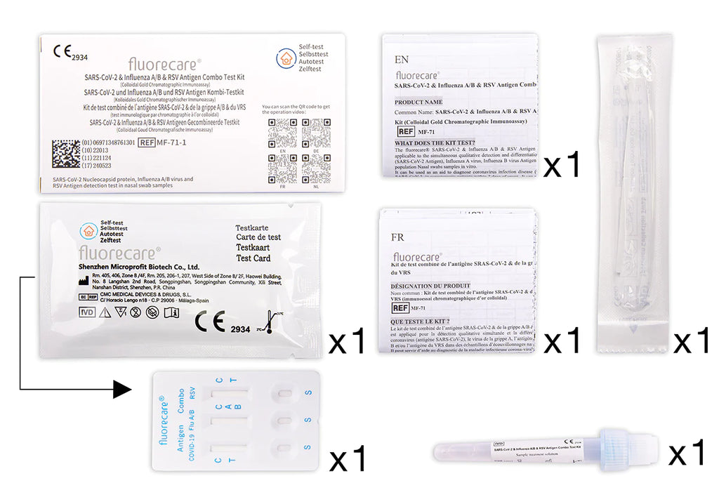 1x Fluorecare 4 in 1 Kombi-Laientest (haltbar bis: 23. Mai 2024) SARS-CoV-2, Influenza A/B und RSV