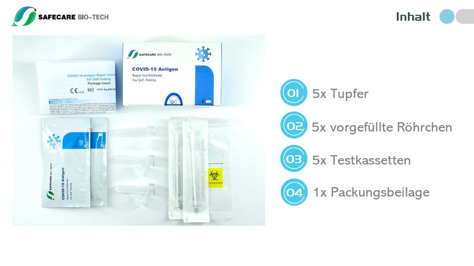 25x Safecare Bio-Tech Laientest (haltbar bis: 29. Feb. 2024) COVID-19 Antigentest - nasaler Selbsttest - 5x5er Set